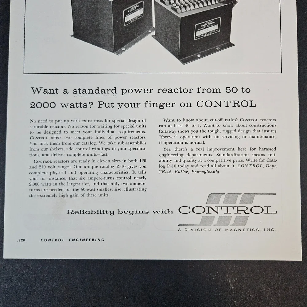1958‎ Control Division Magnetics Inc Power Reactors Vintage Print Ad Butler PA